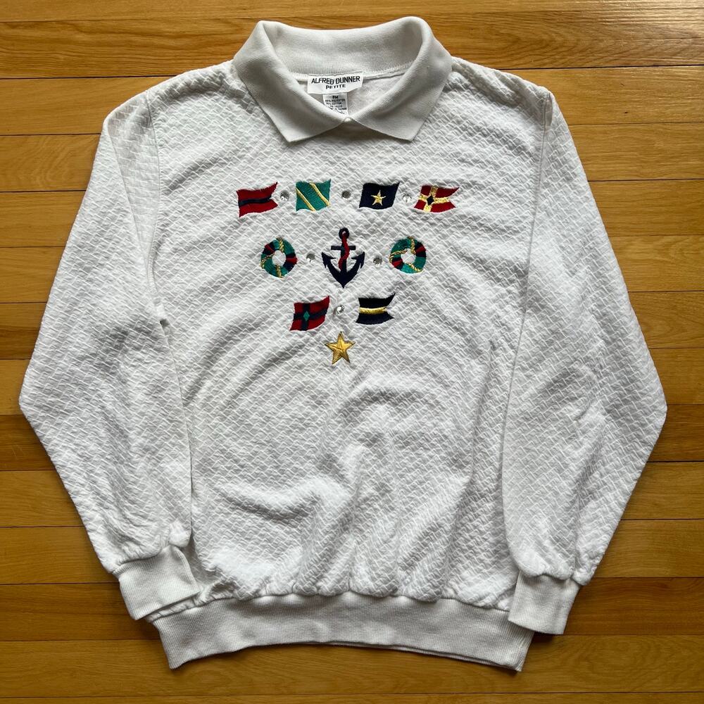 Alfred Dunner Embroidered Sweater Womens Petite Med Collared Nautical White NWOT